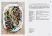 Penguin Random House LLC - Tenderheart cookbook spread with roasted Napa cabbage recipe, showcasing charred cabbage with sesame sauce and cilantro. Features vegan, gluten-free instructions and ingredient list.