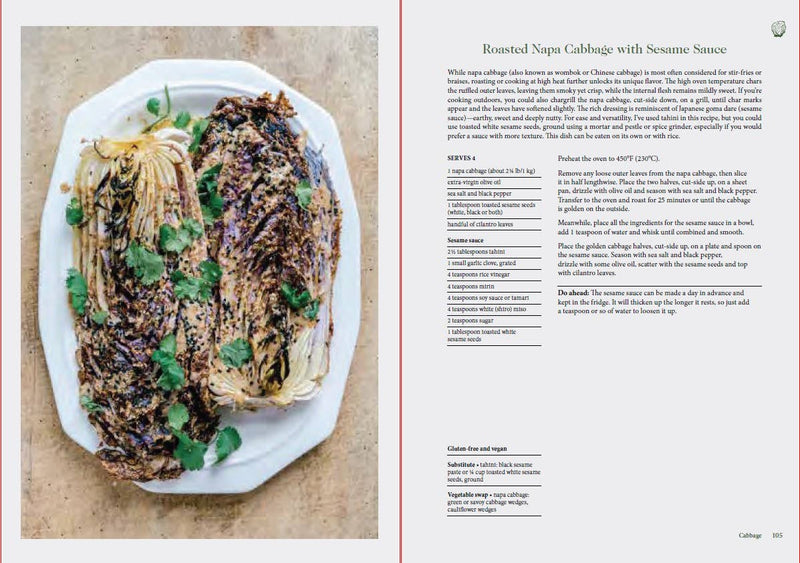 Penguin Random House LLC - Tenderheart cookbook spread with roasted Napa cabbage recipe, showcasing charred cabbage with sesame sauce and cilantro. Features vegan, gluten-free instructions and ingredient list.