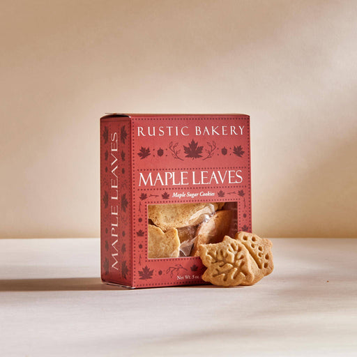 Rustic Bakery - Maple Leaves Cookies box with visible maple leaf-shaped cookies, made from Vermont Maple Syrup, reflecting Athens Cooks' specialty food offerings.