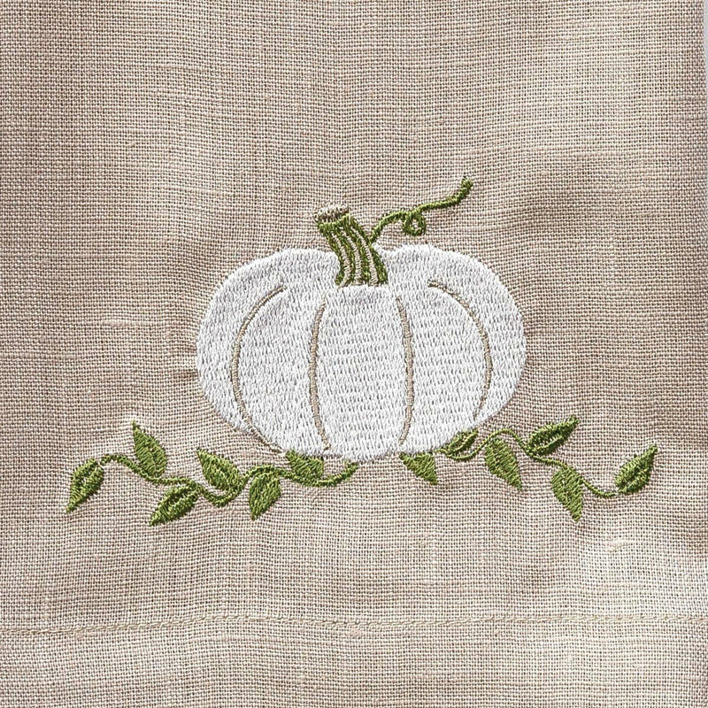 Crown Linen Designs | Pumpkin Linen Towel - Soft Flax (White-Green) featuring intricate pumpkin embroidery, perfect for enhancing kitchen or bathroom decor with elegance.