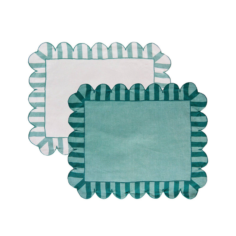 Misette | Jardin Embroidered Linen Scalloped Stripe Double-Sided Placemats in Green (Set of 4): Green / 1 Set