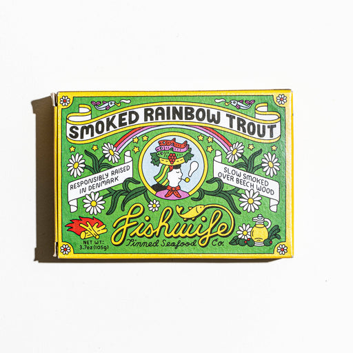 Fishwife - Smoked Rainbow Trout tin, featuring responsibly raised Danish trout, slow-smoked over beech wood, with bright packaging and floral accents.
