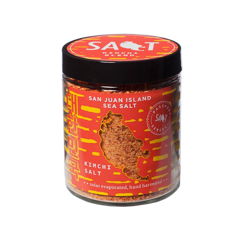 San Juan Island Sea Salt - Kimchi Seasoning Blend in a glass jar, showcasing solar-evaporated sea salt mixed with kimchi spices, perfect for enhancing dishes like ramen or sweet potato fries.
