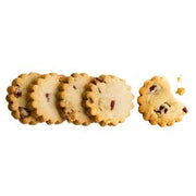 Rustic Bakery - Shortbread Cookies - Pecan Shortbread Box, featuring scallop-edged cookies with chocolate chips or dried fruit, one with a bite taken out.