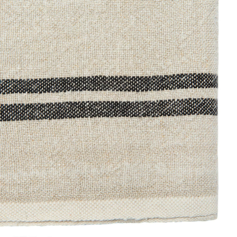Close-up of Caravan Home | Vintage Linen Natural & Black Towels, showcasing handmade, woven texture with black stripes, ideal for adding elegance to dining settings.
