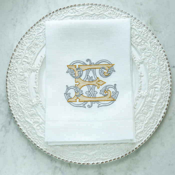 Crown Linen Designs | Vintage Vine Monogram Tri-Fold Napkin.