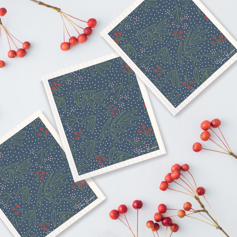 Three Bluebirds Swedish Dishcloths | Winter Wreath Swedish Dishcloth