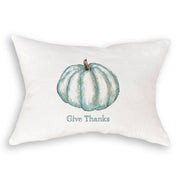 French Graffiti - Blue Pumpkin: Decorative throw pillow featuring a watercolor teal pumpkin and Give Thanks text, ideal for adding a seasonal touch to your kitchen decor.