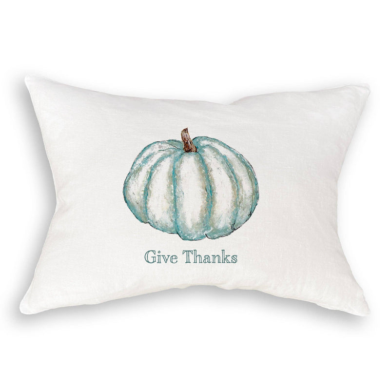 French Graffiti - Blue Pumpkin: Decorative throw pillow featuring a watercolor teal pumpkin and Give Thanks text, ideal for adding a seasonal touch to your kitchen decor.