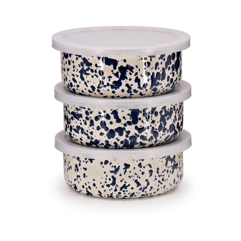 Crow Canyon Home - Splatter Enamelware 3-pc Storage Bowl Set: Blue Splatter features cream-colored, navy-speckled enamel bowls with lids, ideal for stylish, versatile serving.