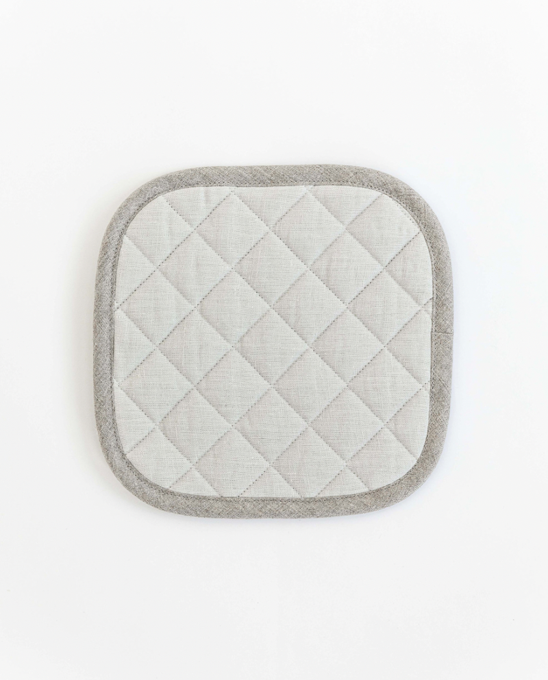 MagicLinen linen pot-holder, white and square, with quilted detailing and hanging loop, ideal for heat protection in the kitchen.