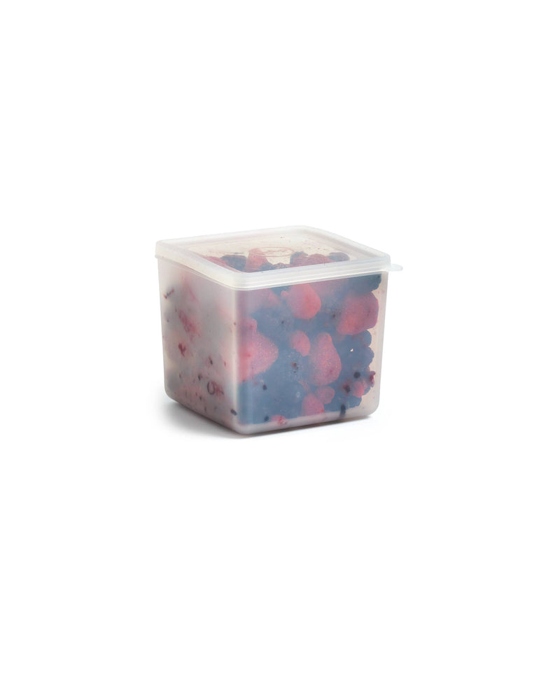 W&P Freezer Cube Storage Containers set with berries, showcasing three stackable sizes for effective food storage, perfect for batch cooking and reducing waste.