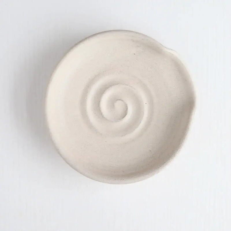 Gravesco Pottery - Handmade Pottery Spoon Rest with spiral pattern pressed into the surface, showcasing its unique, handcrafted design. Perfect for keeping countertops tidy while cooking.