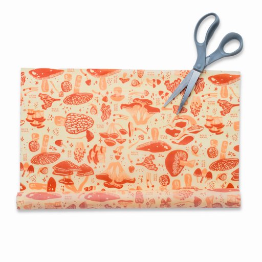 Bee's Wrap - Cut-to-Size Roll - Mushroom Magic, Limited Edition Print, features vibrant mushroom illustrations, with scissors ready for custom sizing.