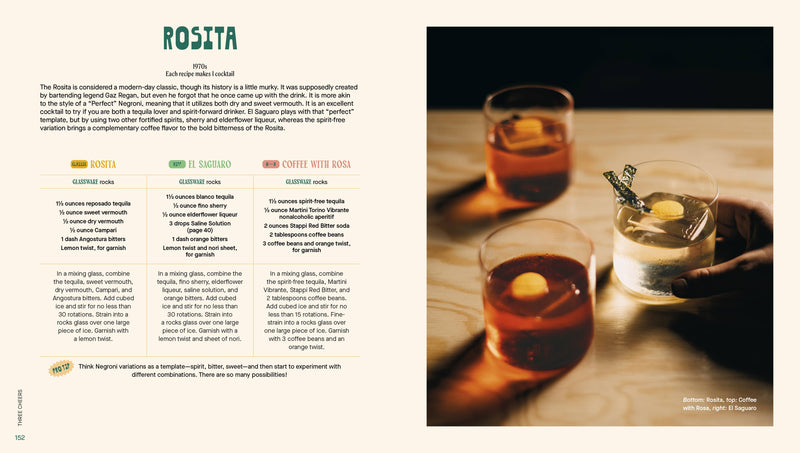 Penguin Random House LLC - Three Cheers cocktail book excerpt featuring Rosita variations and styled drink photo, highlighting classic, modern, and spirit-free recipes.