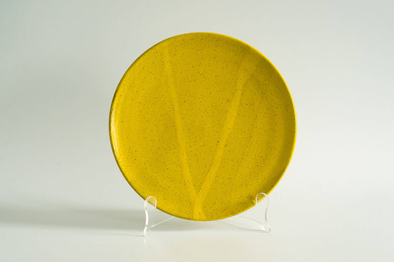 RachaelPots - Dinner Plate: Sage, a round, speckled ceramic plate with a V-shaped glaze pattern, displayed on a stand, highlighting its handcrafted design and slight upturned lip.