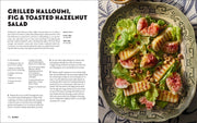Penguin Random House LLC - Shabbat: Two-page spread featuring a grilled halloumi salad recipe with figs and hazelnuts, alongside a photo of the plated salad.