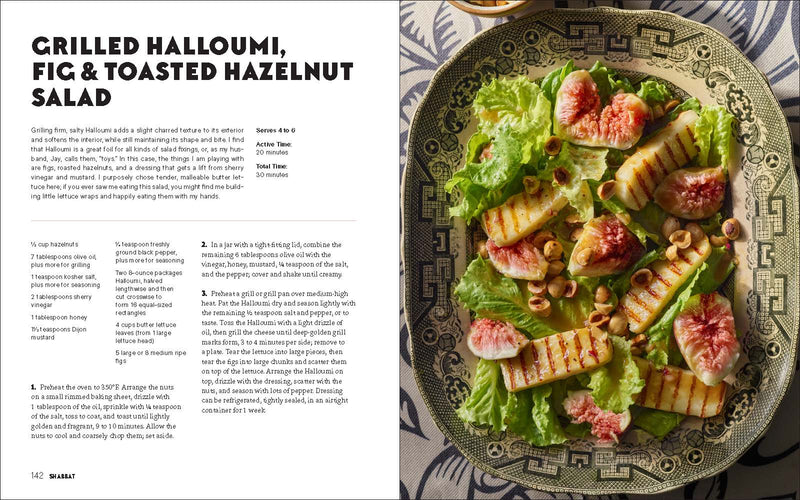 Penguin Random House LLC - Shabbat: Two-page spread featuring a grilled halloumi salad recipe with figs and hazelnuts, alongside a photo of the plated salad.