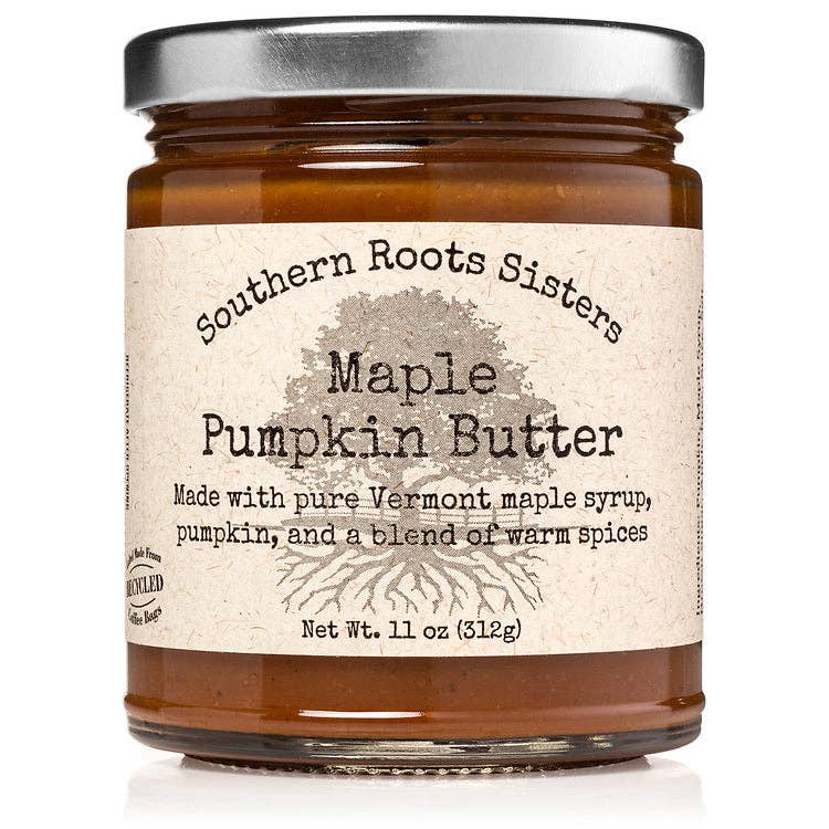 Southern Roots Sisters - Maple Pumpkin Butter in a glass jar, made with Vermont maple syrup, pumpkin, and spices; perfect for enhancing fall recipes or cheese platters.