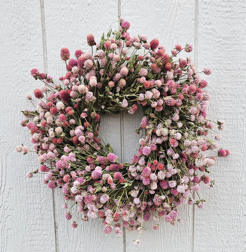 Alissas Flower Farm - Wreath: Totally Gomphrena: Blush displayed on a white wall, highlighting its intricate floral design and delicate craftsmanship.