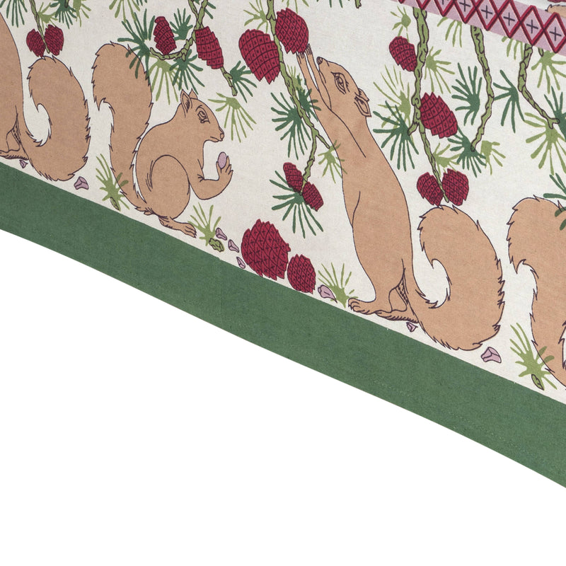 Couleur Nature - Squirrel and Pinecone Red & Brown Tablecloth: 71 x 71, featuring handprinted squirrels and pinecones on a cream background, perfect for festive or casual events.