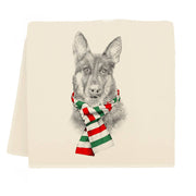 Eric & Christopher - German Shepherd with Red Scarf Tea Towel: Cream-colored tea towel featuring a German Shepherd with a festive scarf, crafted from pre-shrunk cotton, enhancing any kitchen decor.