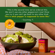 Diaspora Spices Co. - Aranya Black Pepper (Whole), 53g tin, with customer praise, displayed beside salad; highlights single-origin, vine-ripened flavor from family-run farm.