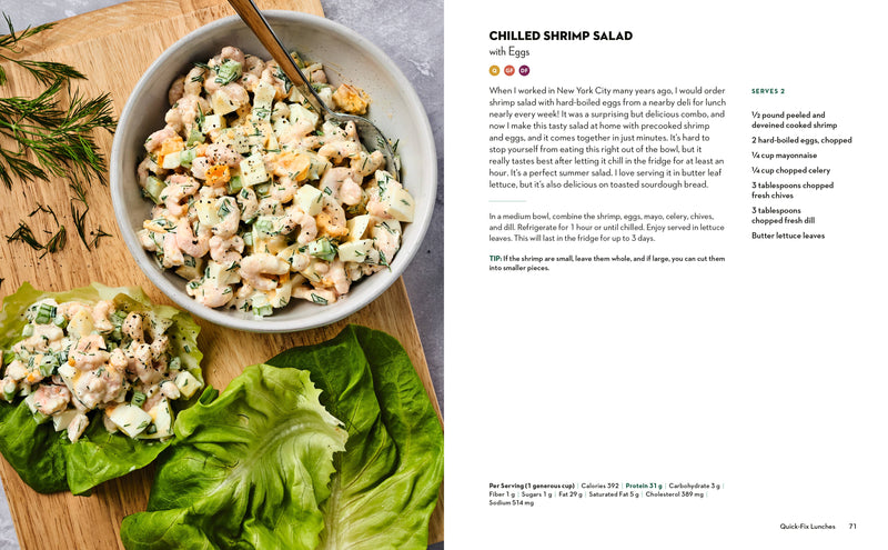 Penguin Random House LLC's Skinnytaste High Protein cookbook featuring a Chilled Shrimp Salad with Eggs recipe, ideal for healthy, protein-rich meals.
