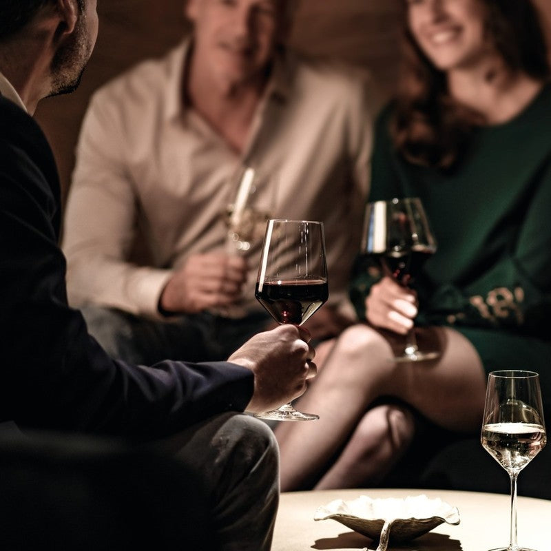 People enjoying a wine tasting with Zwiesel Fortessa | Pure Cabernet Glass, showcasing the elegant design and sophistication of Zwiesel Glas craftsmanship.