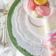 Bella Bianca Beaded Dinner Plate, made of Italian stoneware, featuring exquisite beaded patterns. Perfect for serving desserts, crafted with durability and elegance in mind.