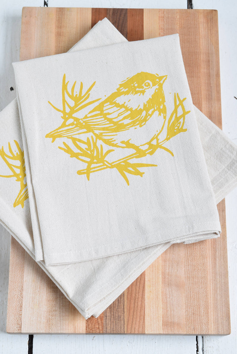 Hearth and Harrow - Set of 4 Organic Cotton Chickadee Cloth Napkins in Yellow, featuring a hand-printed bird design on soft, eco-friendly fabric.