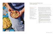 Cookbook spread from By Heart featuring a person enjoying Smoky Caramelized Shallot Dip with Sun-Dried Tomatoes, accompanied by the recipe on the opposite page.