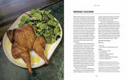 Franklin Smoke cookbook spread showcasing smoked chicken recipe and plated dish, highlighting Aaron Franklin's live-fire grilling techniques.