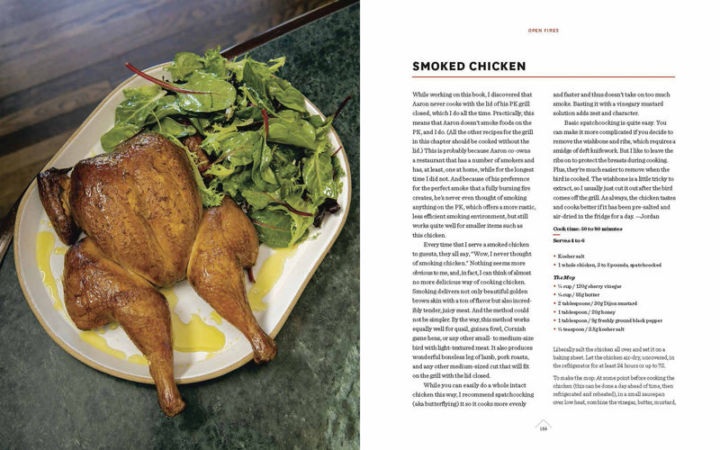 Franklin Smoke cookbook spread showcasing smoked chicken recipe and plated dish, highlighting Aaron Franklin's live-fire grilling techniques.