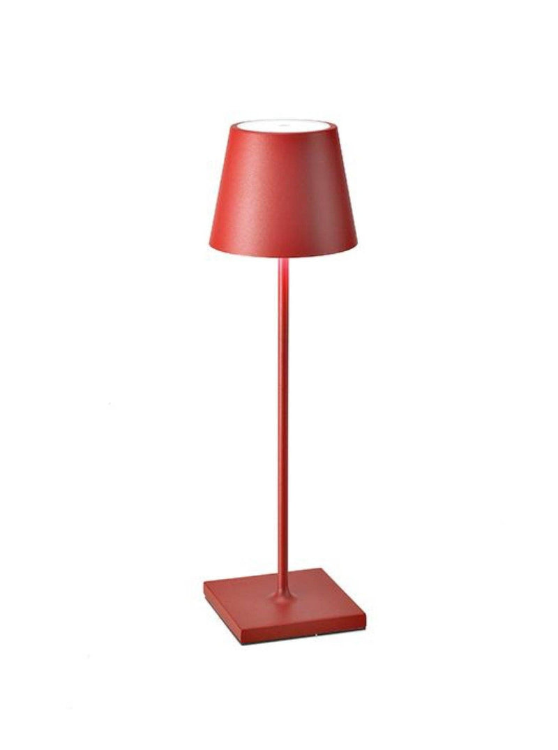 Zafferano America - Poldina Pro Cordless Lamp: Rust, featuring a modern tapered shade and slender stem, epitomizes cordless innovation with touch dimming and nine-hour illumination.