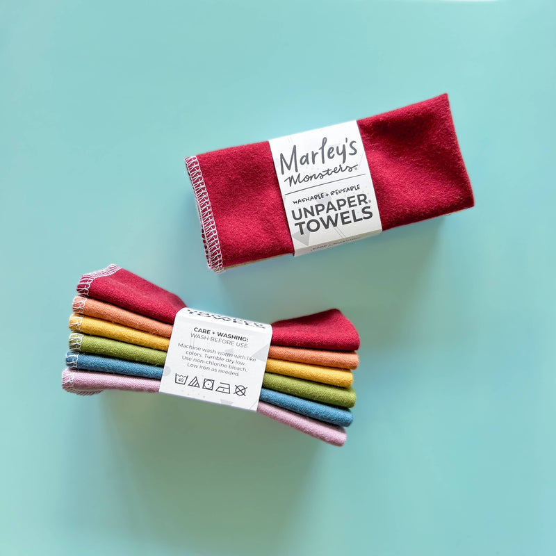 Marley's Monsters UNpaper® Towel Refill Packs - Earthy Rainbow, 12-pack of reusable, absorbent cotton flannel towels for eco-friendly cleaning, available at Athens Cooks.