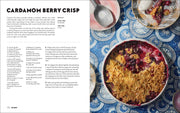 Shabbat cookbook spread: 'Cardamom Berry Crisp' recipe and dessert photo showcasing a berry crisp with ice cream, reflecting tradition and simplicity from Penguin Random House LLC.