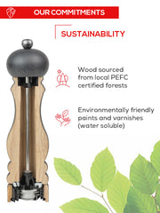 Peugeot | Boreal Pepper Mill, Fern Green with eco-friendly features, including PEFC-certified wood and water-soluble paint, showcasing internal mechanism and sustainability focus.