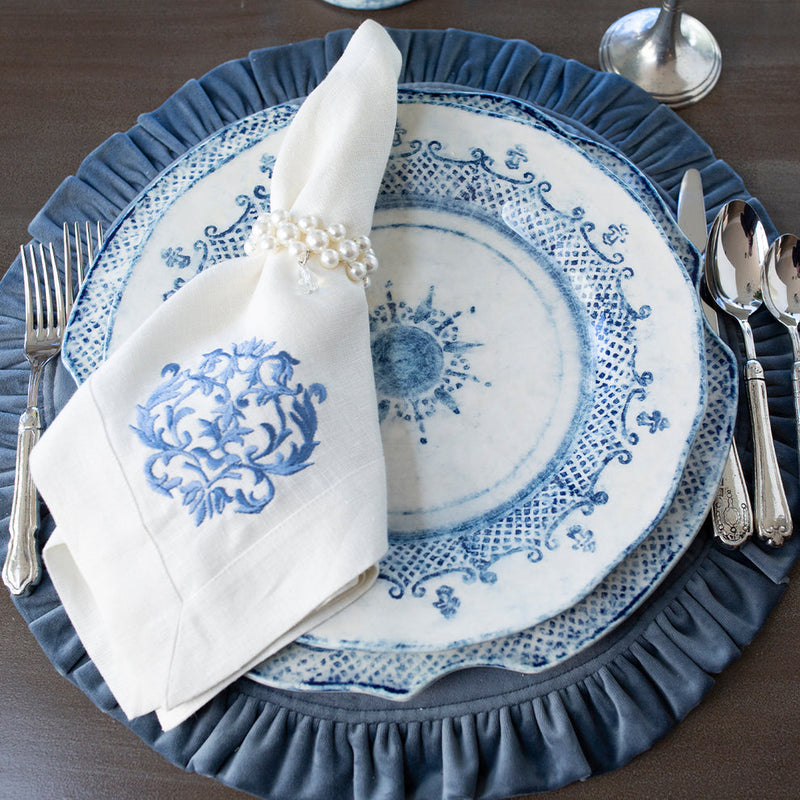 Arte Italica & Crown Linen Designs | Round Ruffle Velvet Placemat, French Blue
