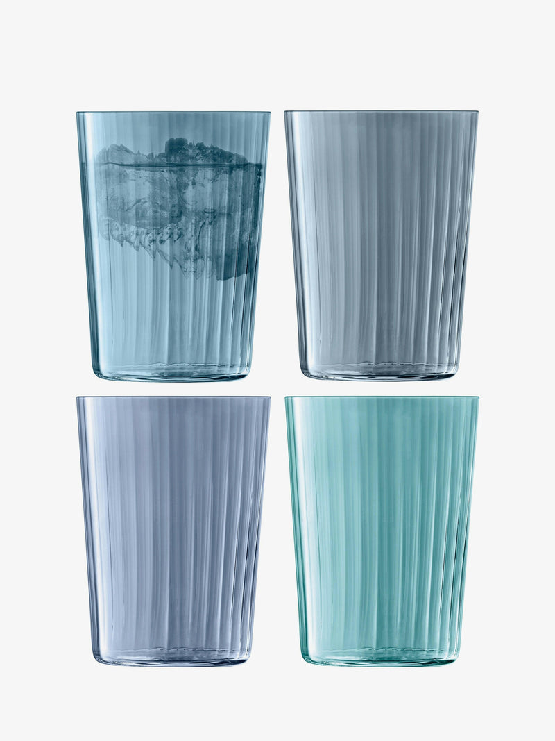 Set of four LSA International Gems Tumblers, 19oz each, with fine fluted textures, hand-painted to resemble polished gemstones, ideal for elegant dining occasions.