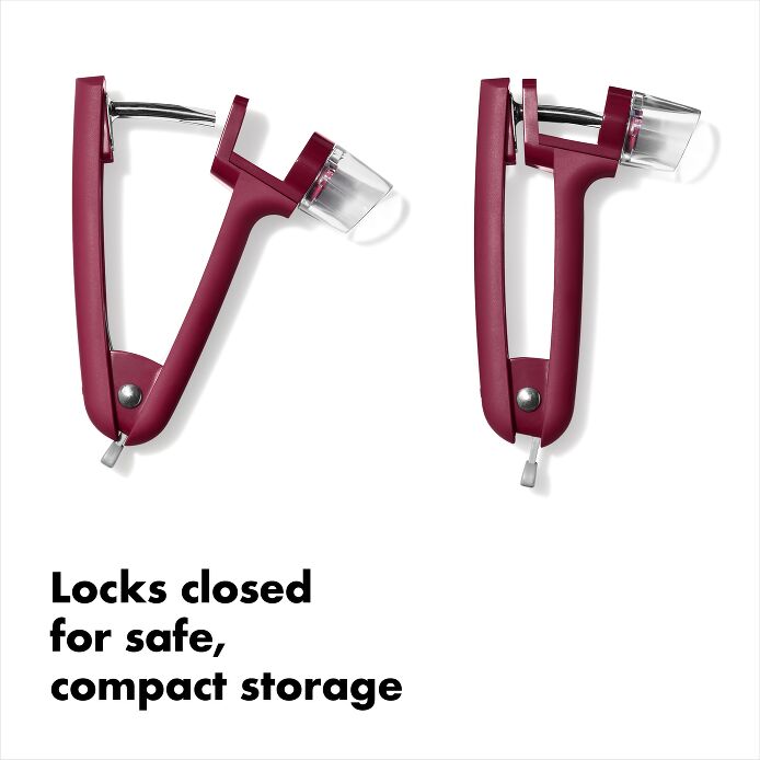 OXO Good Grips Cherry & Olive Pitter in Beet, featuring a non-slip grip, removable splatter shield, and locking mechanism for efficient and mess-free pitting.