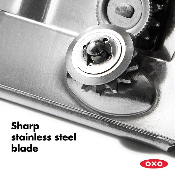 Close-up of the OXO Soft-Handled Can Opener, showcasing its stainless steel cutting wheel and ergonomic, cushioned handles for easy and comfortable can opening.
