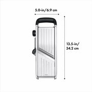 OXO | Chef's Steel Mandoline featuring a metal slicer with a black handle, designed for precision cutting, ideal for culinary enthusiasts from Athens Cooks.