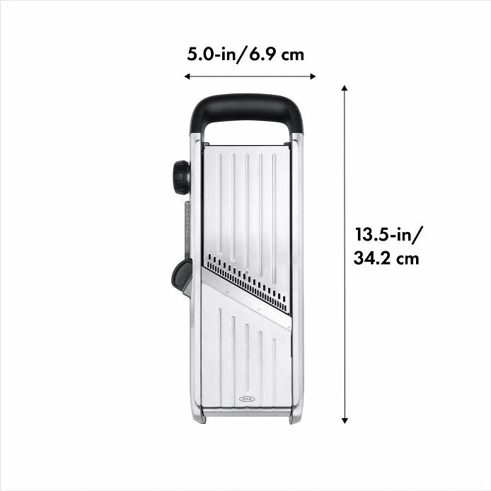 OXO | Chef's Steel Mandoline featuring a metal slicer with a black handle, designed for precision cutting, ideal for culinary enthusiasts from Athens Cooks.