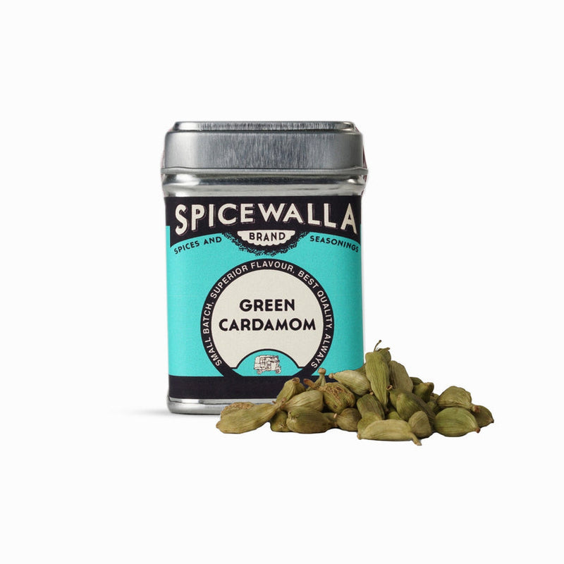 Spicewalla | Whole Green Cardamom tin with loose pods in front, highlighting potent seeds ideal for diverse culinary uses in Athens Cooks' curated kitchen.