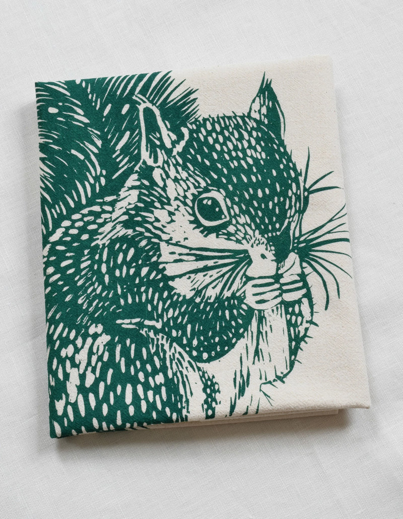 Hearth and Harrow | Organic Cotton Squirrel Tea Towel in Green -Woodland Animal