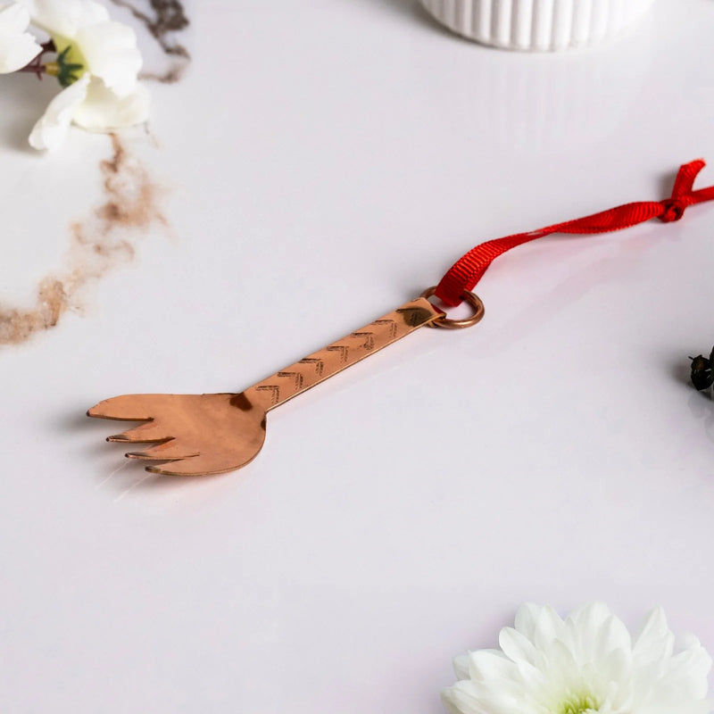 ALFIQ | Handmade Copper Miniature Kitchen Utensil Ornament, Fork: A copper spork-style scoop with a red ribbon, perfect for charming displays or holiday decor.