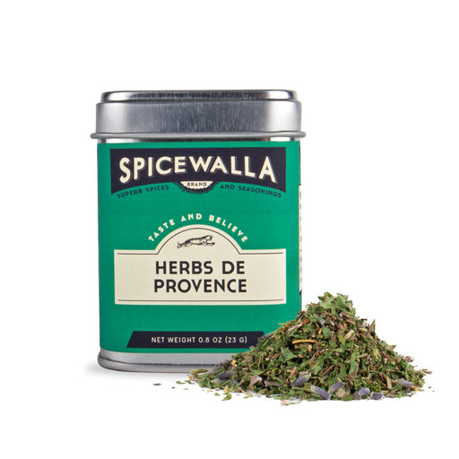 Spicewalla | Herbs de Provence tin with dried herb blend in front, featuring a classic French seasoning mix ideal for enhancing oven-roasted chicken and vegetables.