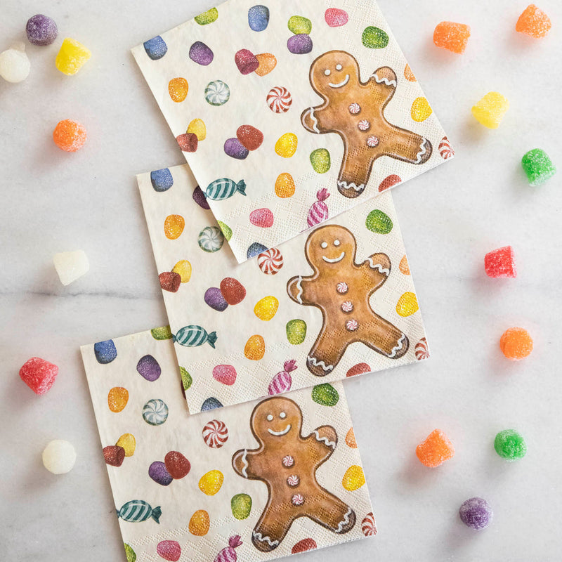 Hester & Cook | Winter Holiday Collection - Gingerbread Cocktail Napkins featuring whimsical Christmas elements by Elizabeth Foster, perfect for festive table settings.