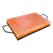 Pink Himalayan Salt Plank with Holder Tray in metal tray, ideal for grilling or chilling foods, enhancing flavors with subtle seasoning. Perfect for sophisticated cooking.
